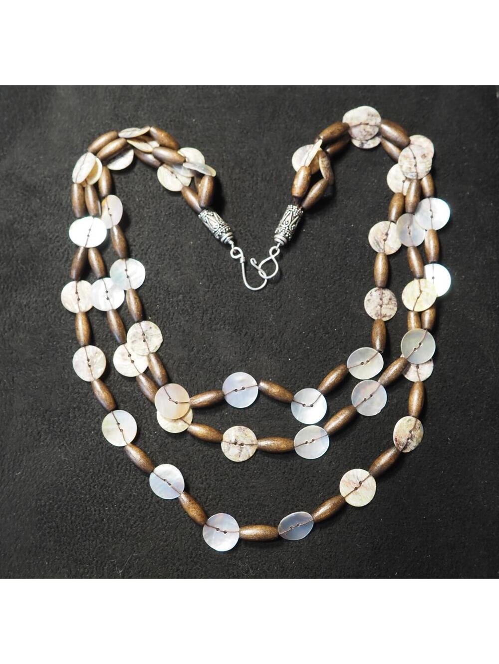 Bohemian Multi-Strand Wood and Mother-of-Pearl Button Beaded Necklace